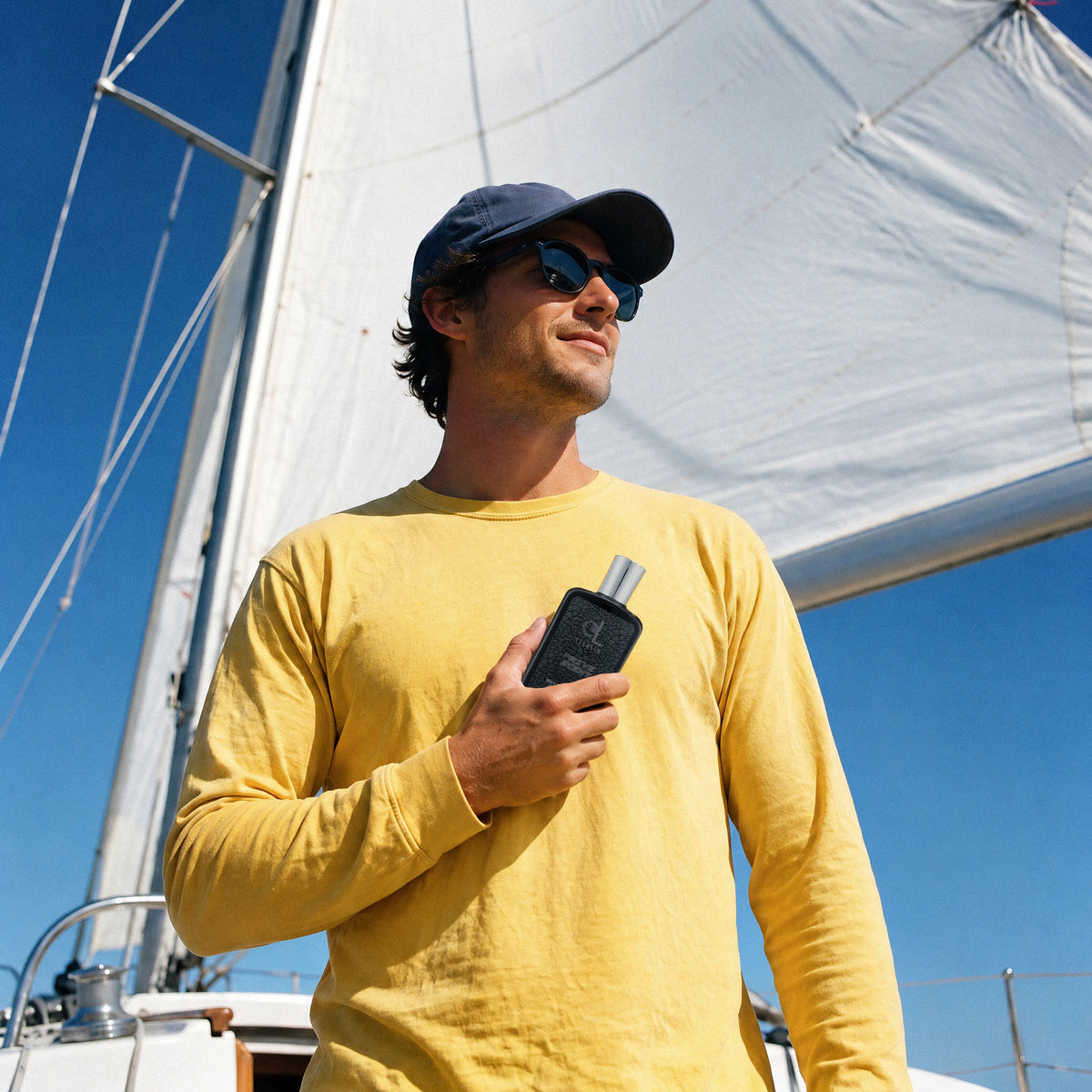 Hand holding the Prive Scent fragrance mist on a sailboat
