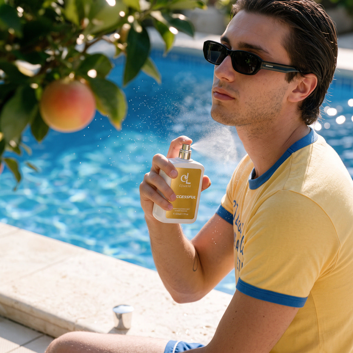 Hand holding the Successful fragrance mist by the pool